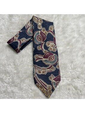 Oscar de la Renta Men's Tie Vintage Silk Navy Burgundy Abstract Floral Paisley